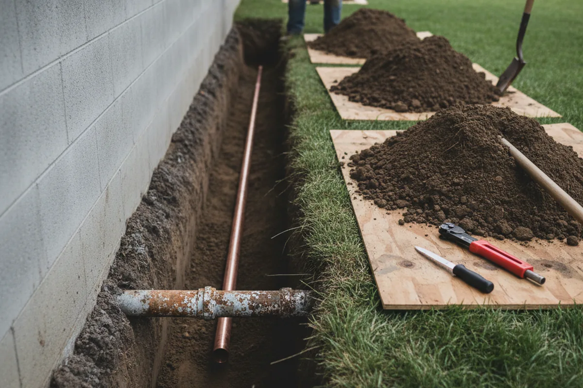 Excavated water line trench during Sewer Line Repair in Eudora